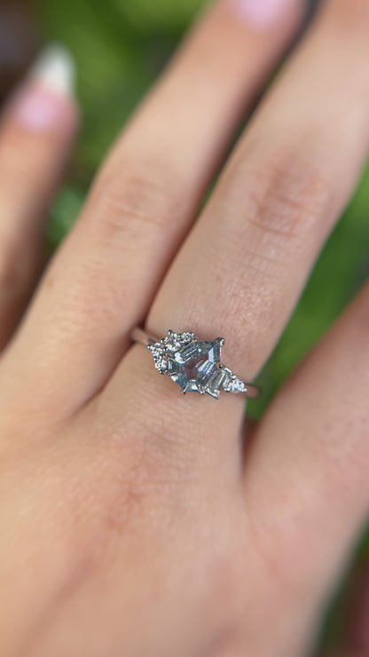 One of a Kind Geometric Pear Shape Teal Sapphire and Diamond Ring