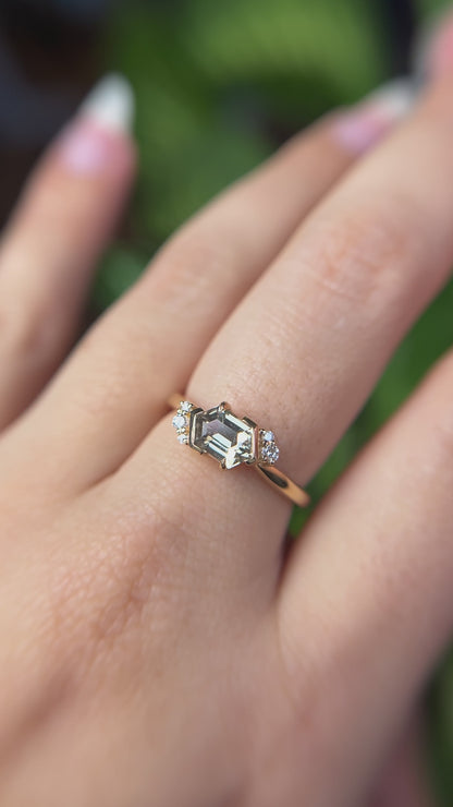 One of a Kind Hexagonal Green Sapphire and Diamond Ring