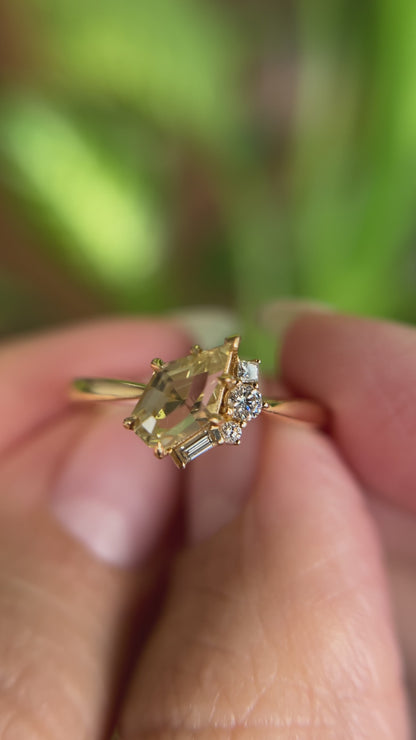 One of a Kind Shield Cut Yellow Sapphire and Diamond Ring