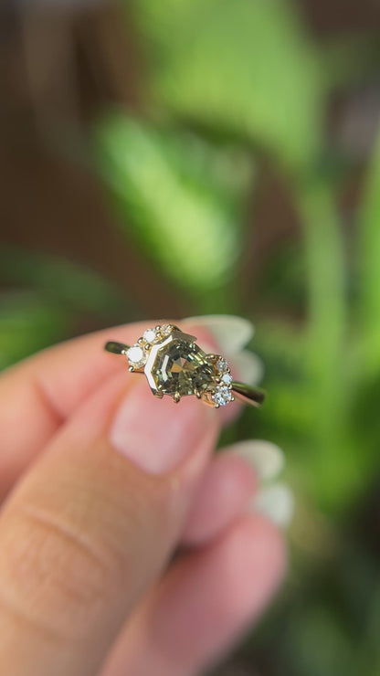 One of a Kind Geometric Trillion Cut Green Sapphire and Diamond Ring