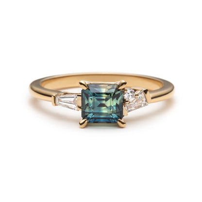 One of a Kind Teal Sapphire & Diamond Geometric ring