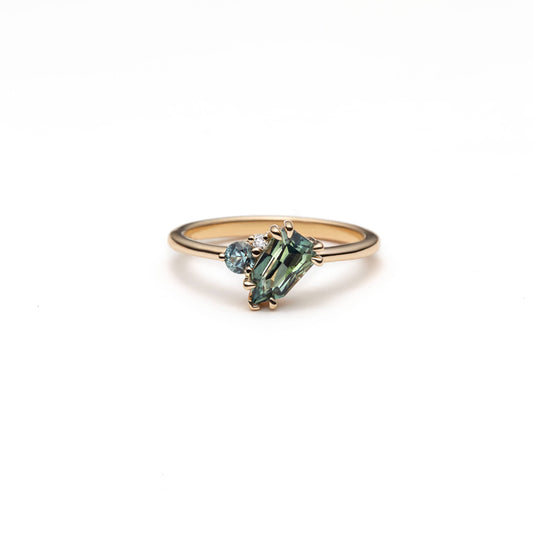 One of a Kind Geometric Teal sapphire Asymmetric Ring