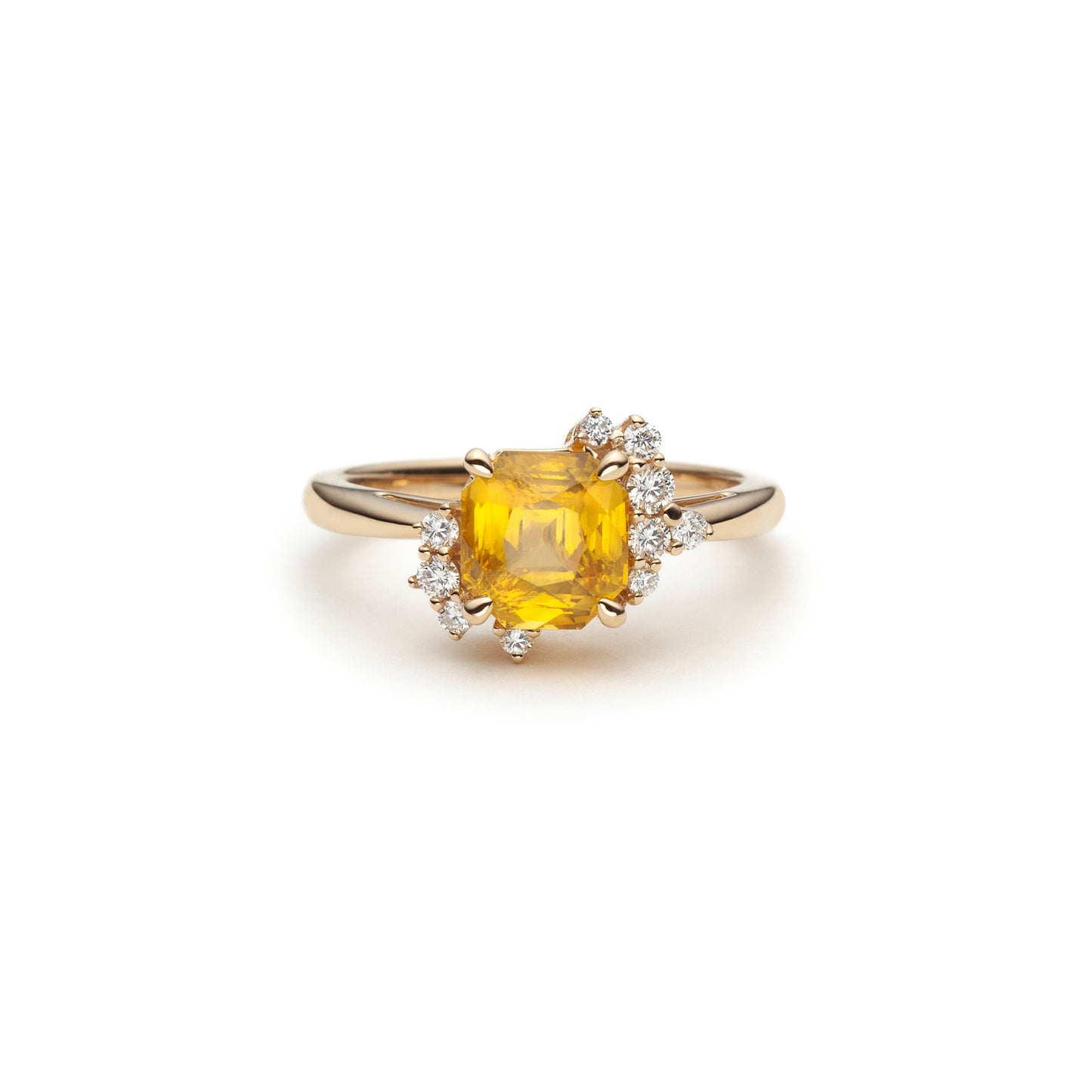 One of a kind yellow sapphire and diamond asymmetric ring