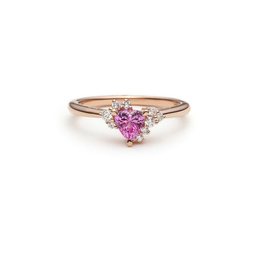 One of a kind pink trillion sapphire and diamond asymmetric ring