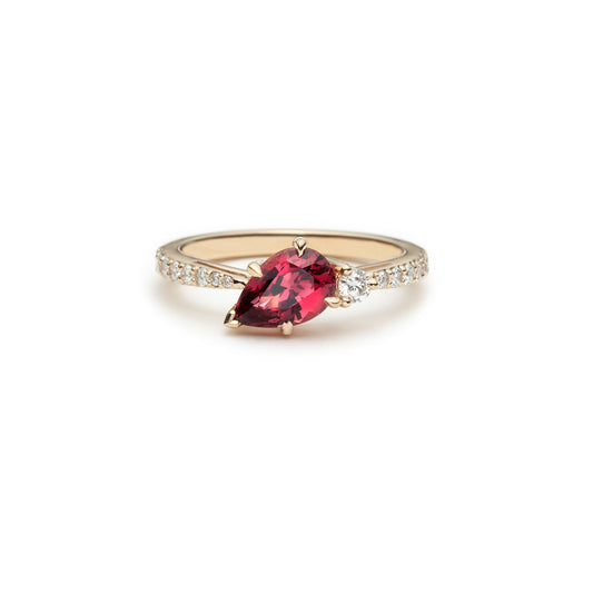 One of a kind raspberry spinel and diamond asymmetric ring