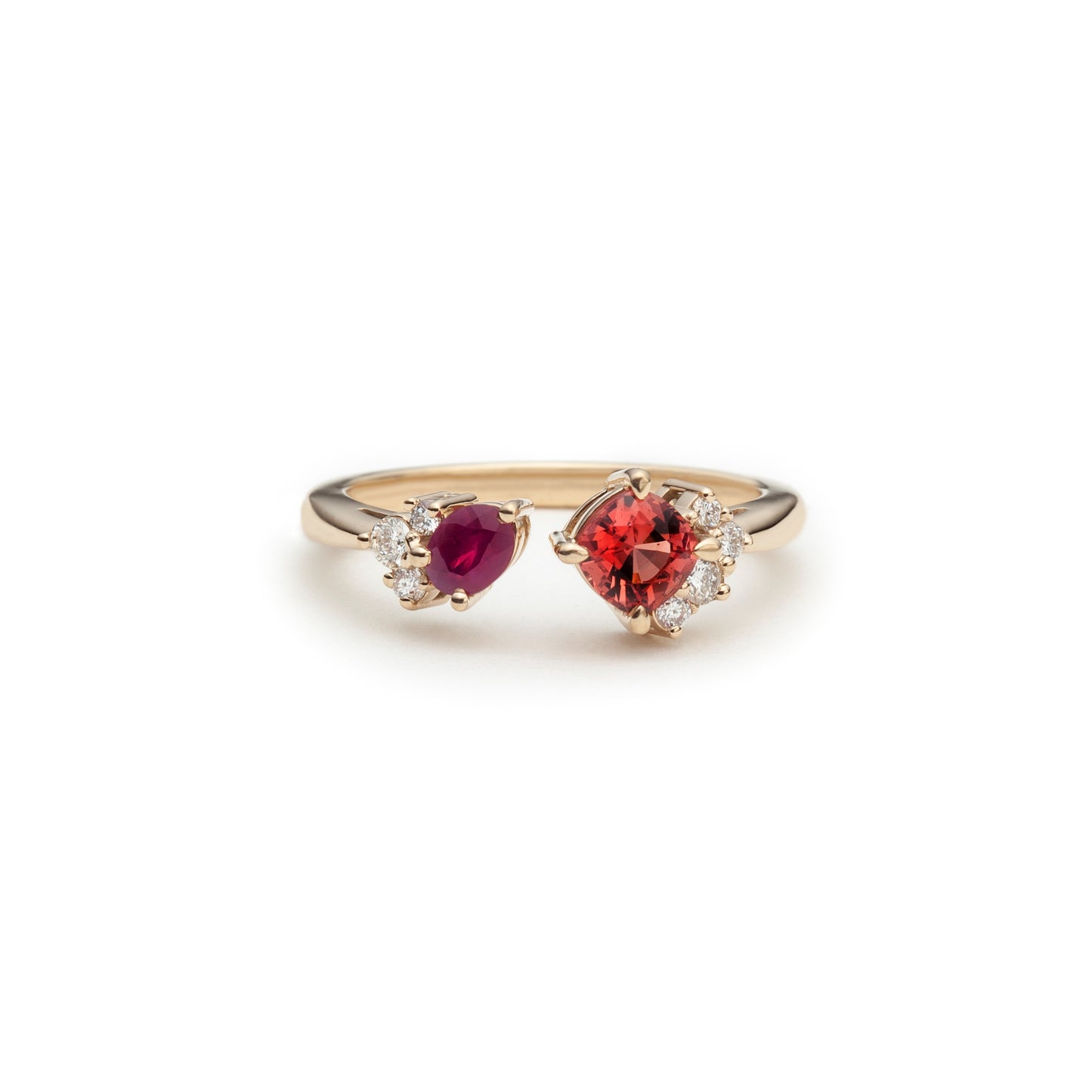 One of a kind toi & moi ruby, peach spinel and diamond ring
