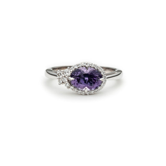 One of a kind purple spinel and diamond asymmetric ring