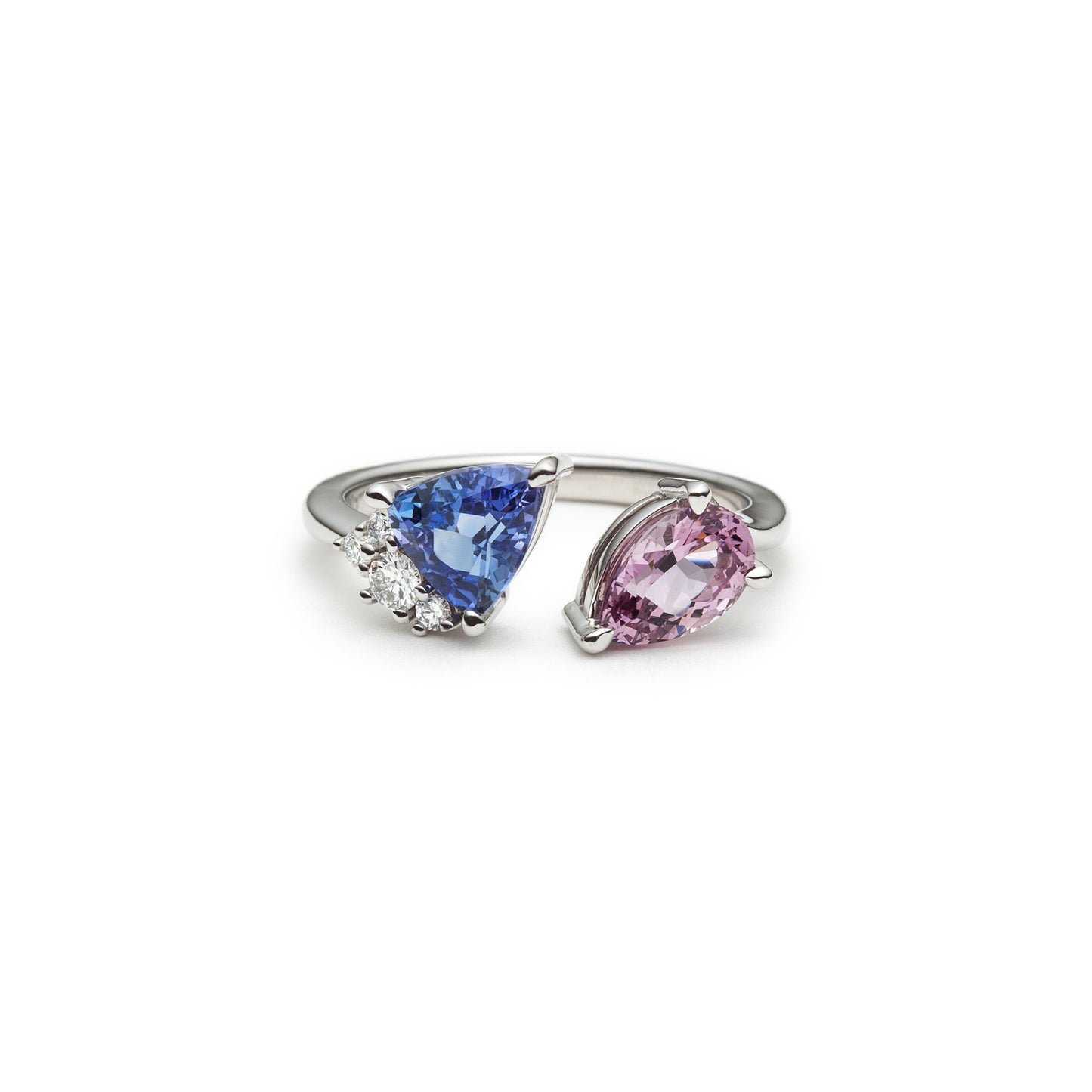 One of a kind toi & moi blue sapphire and dusty rose spinel asymmetric ring