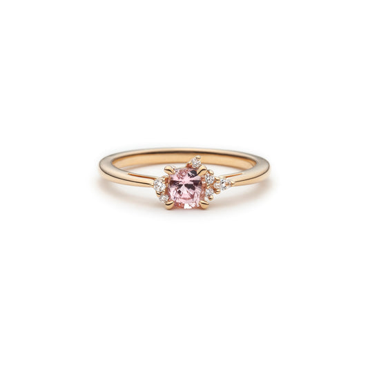 One of a kind peach sapphire and diamond asymmetric ring