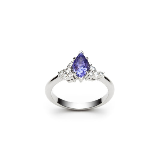One of a kind asymmetric tanzanite and diamond ring