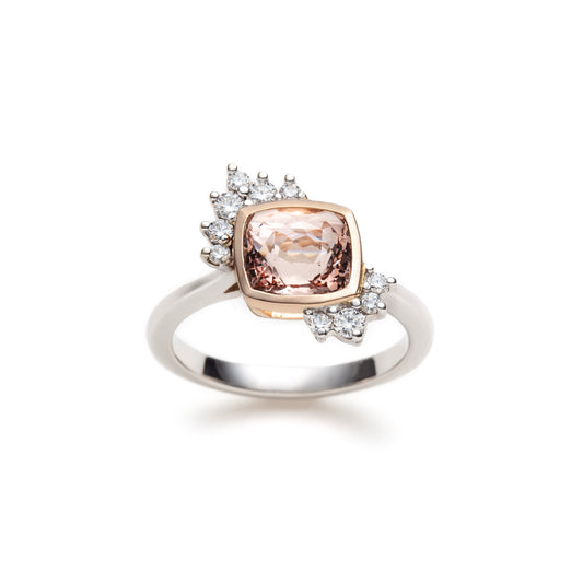 Asymmetric morganite and diamonds engagement ring