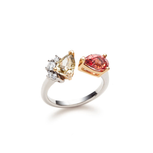 One of a Kind Toi & Moi Asymmetric Diamond and Spinel ring