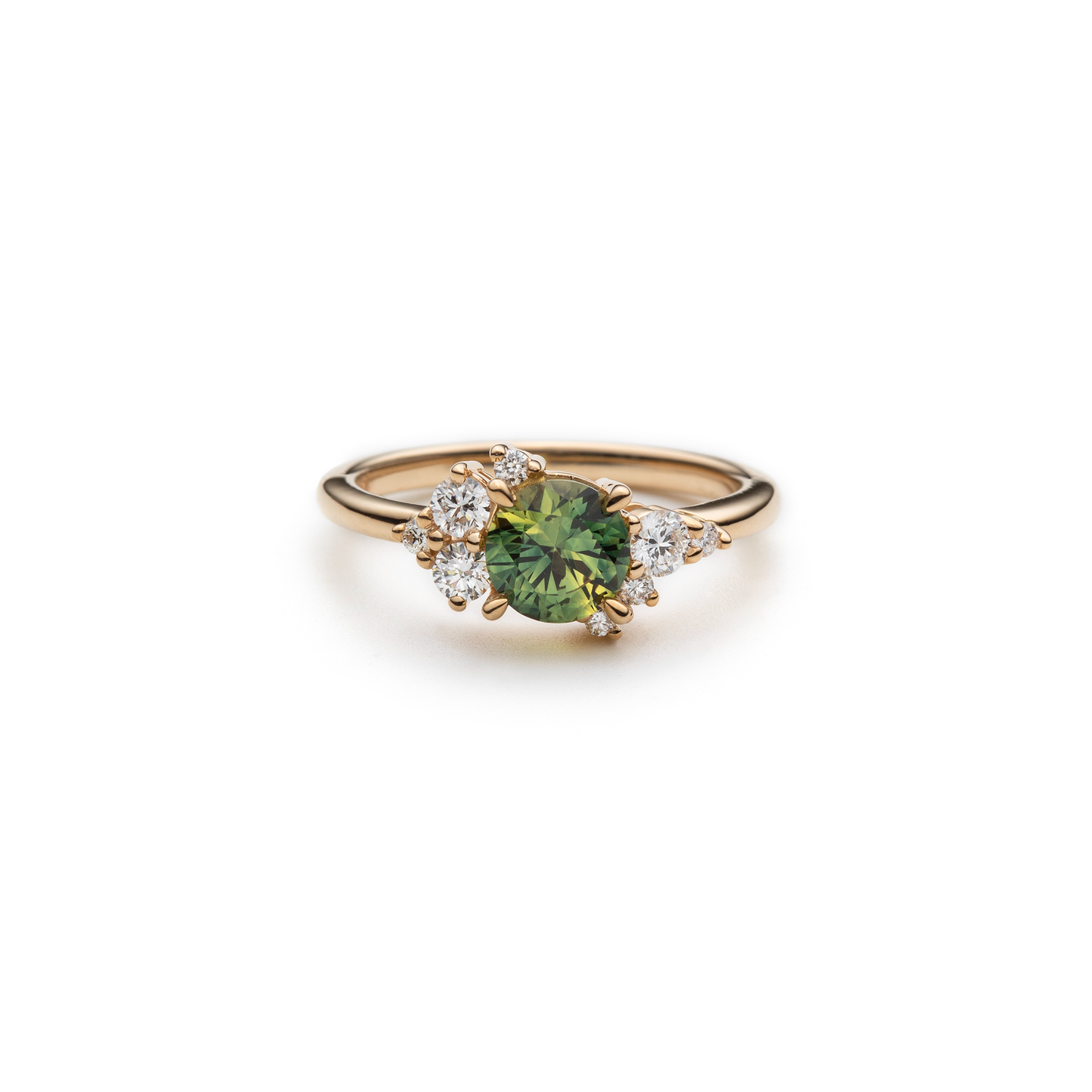 One of a Kind Yellowish-Green Sapphire and Diamond Asymmetric Ring