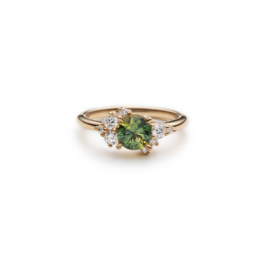 One of a Kind Yellowish-Green Sapphire and Diamond Asymmetric Ring